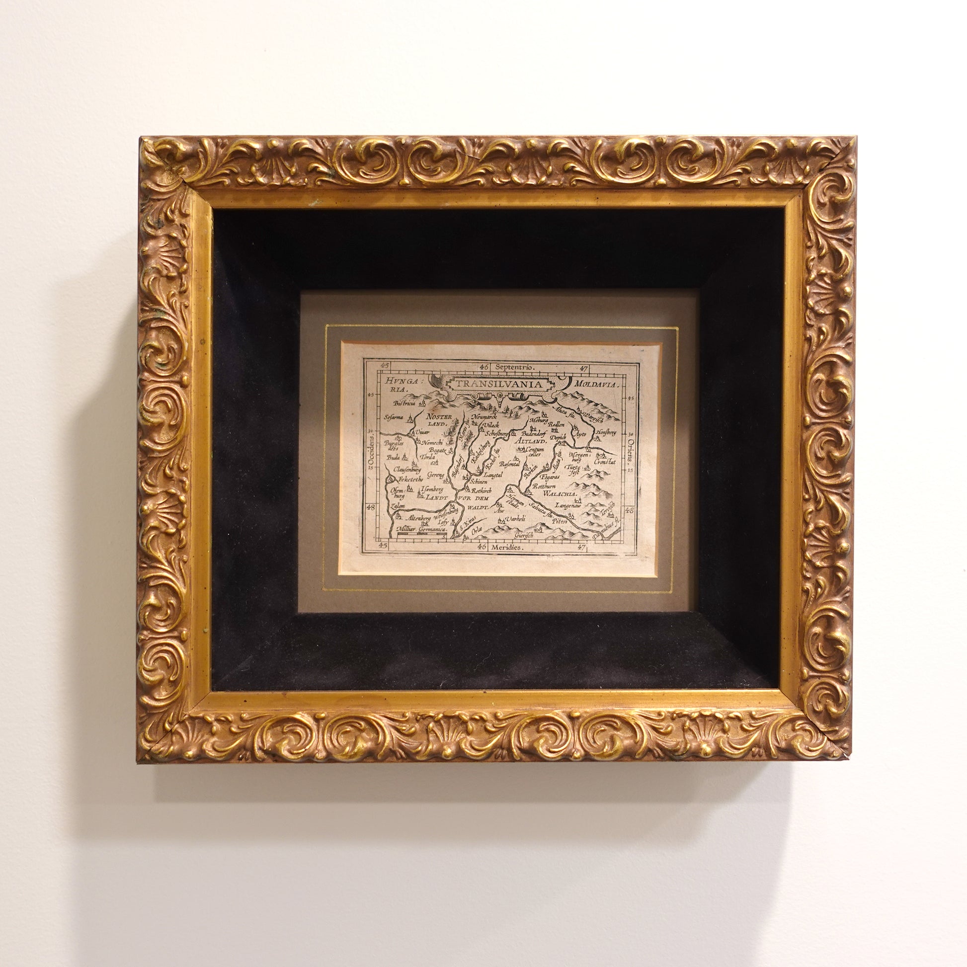 Framed vintage map with ornate gold frame on a white wall