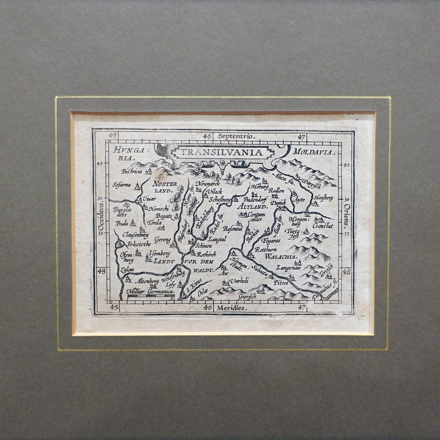 Vintage map of Transylvania framed on a gray background as a gothic gift