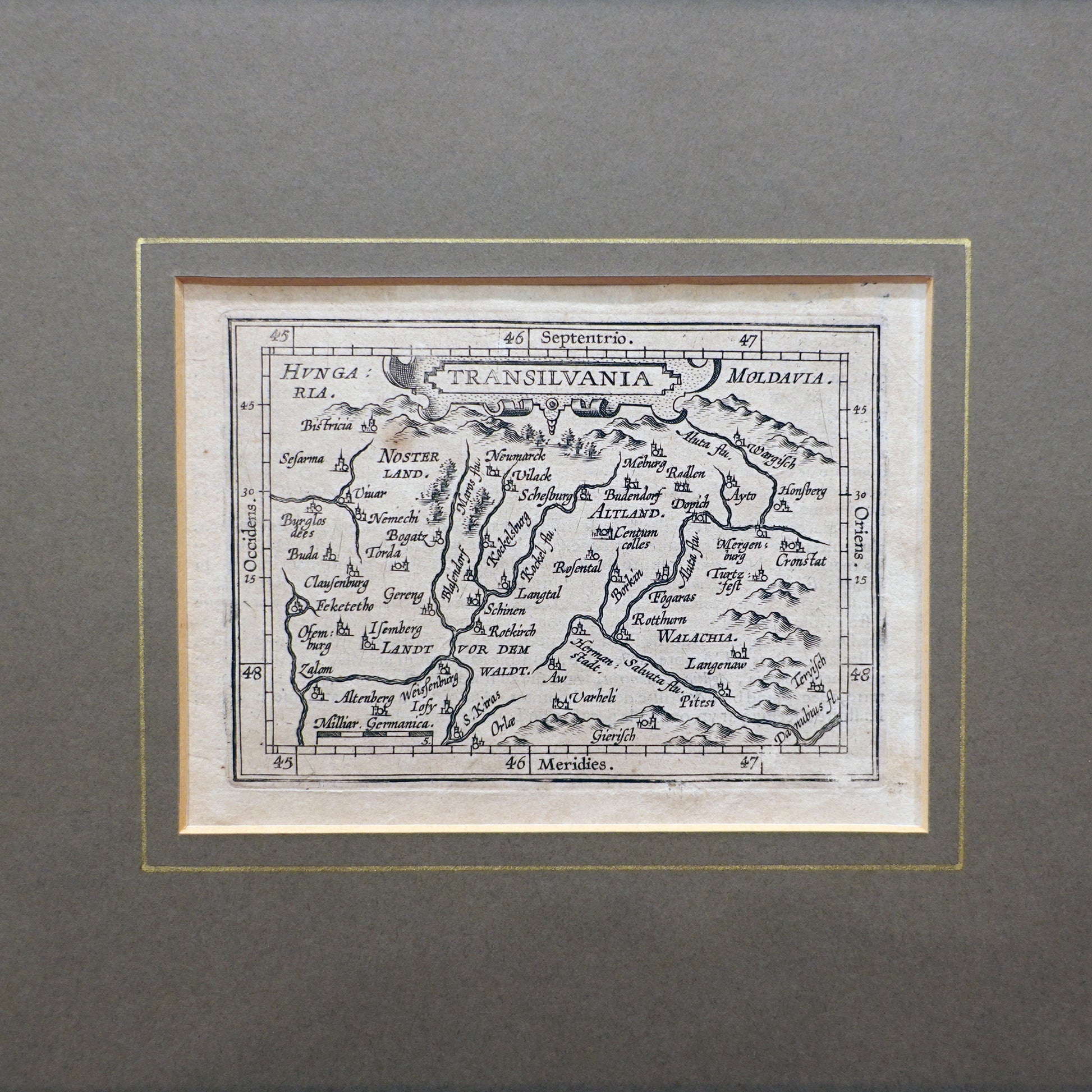 Vintage map of Transylvania framed on a gray background as a gothic gift