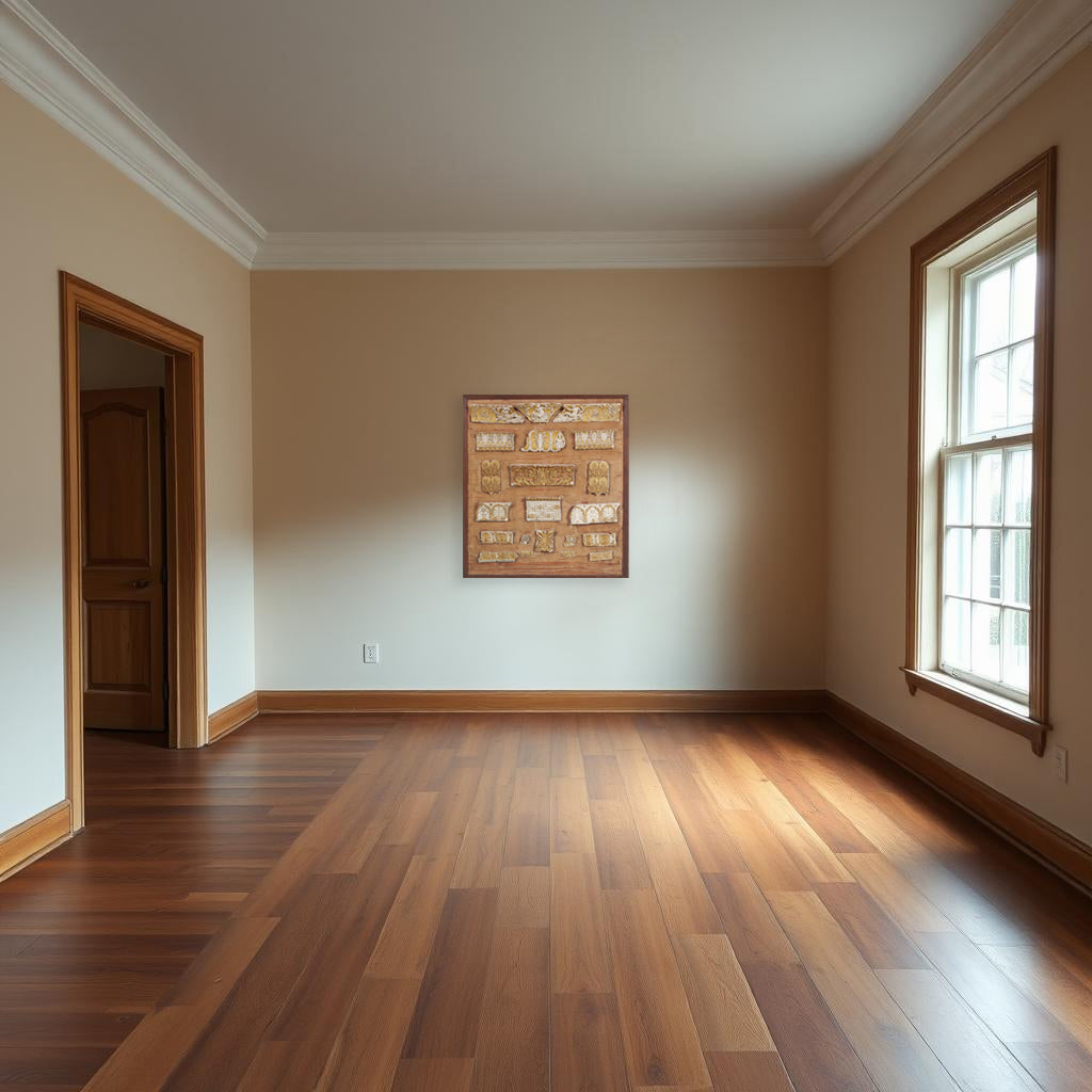 Empty room with wooden floor, beige walls, and a window.
