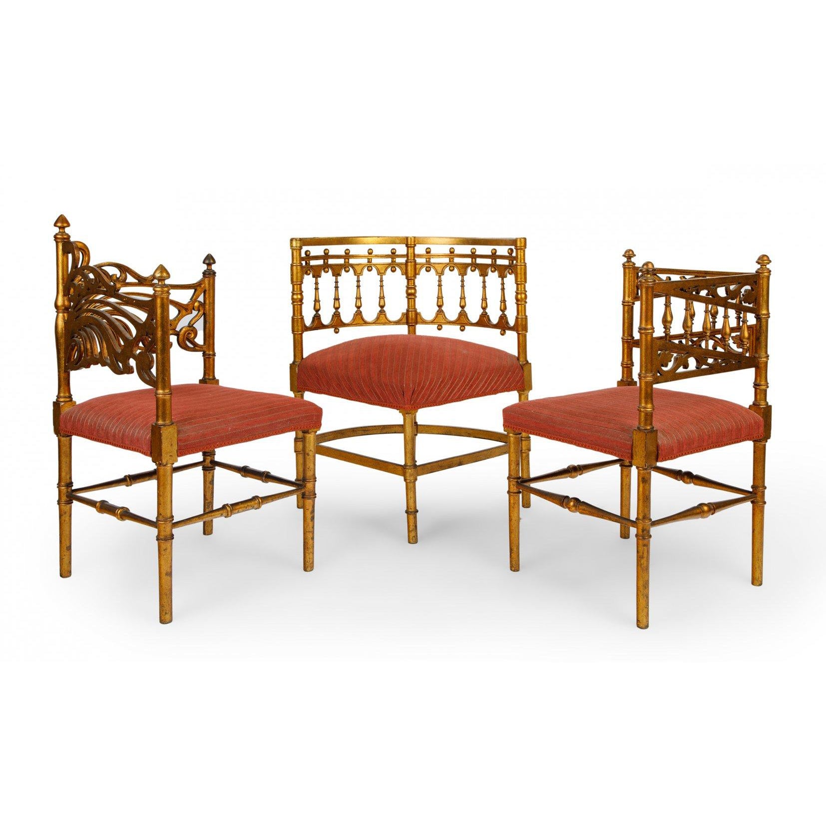 Three giltwood and fabric upholstered French Provincial meets Art Nouveau Corner Chairs