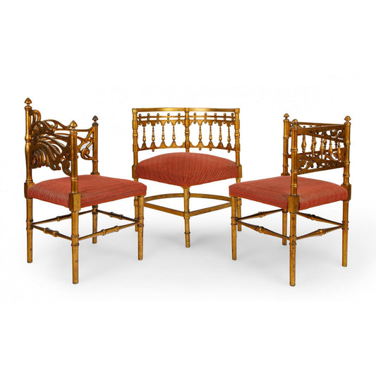 Three giltwood and fabric upholstered French Provincial meets Art Nouveau Corner Chairs
