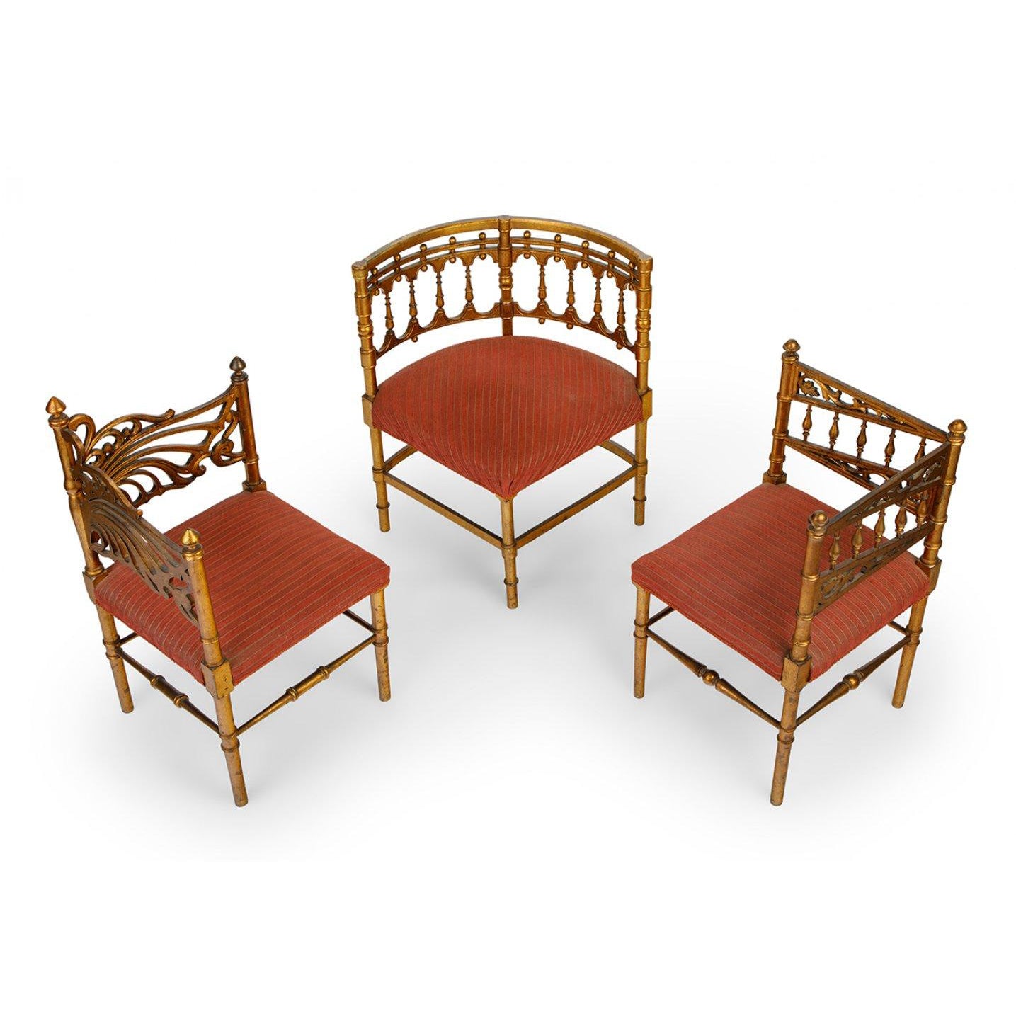 Three giltwood and fabric upholstered French Provincial meets Art Nouveau Corner Chairs