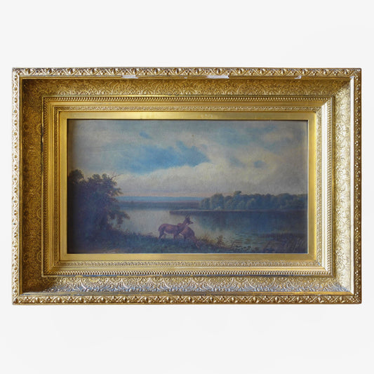 Antique American Oil Painting of Deer Beside a Lake in a Giltwood Frame