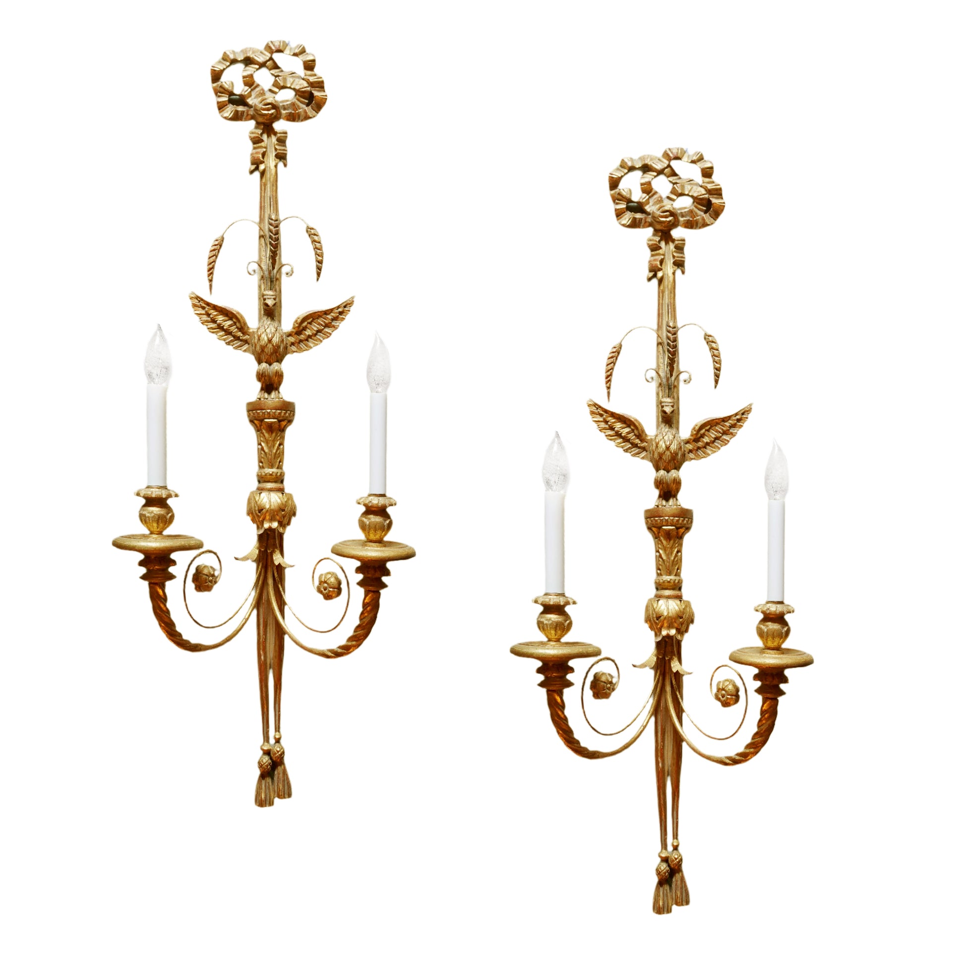 Federalist Eagle Motif Wood and Iron Gilt Pair of Wall Sconces
