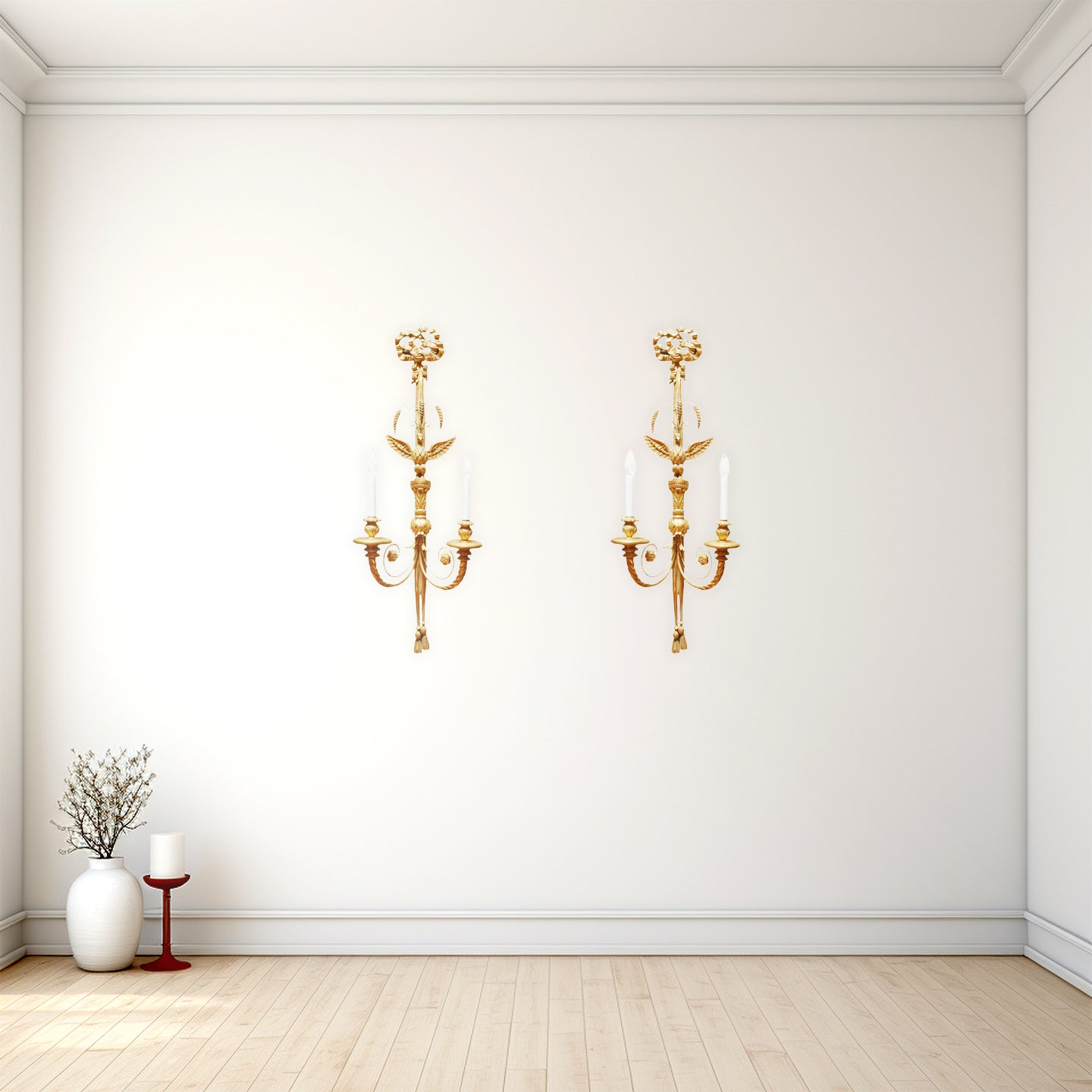 Federalist Eagle Motif Wood and Iron Gilt Pair of Wall Sconces