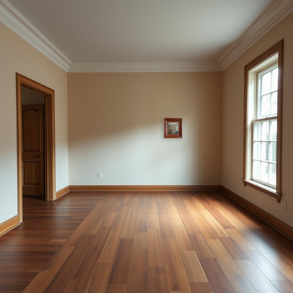 Empty room with wooden floor, beige walls, and a window.