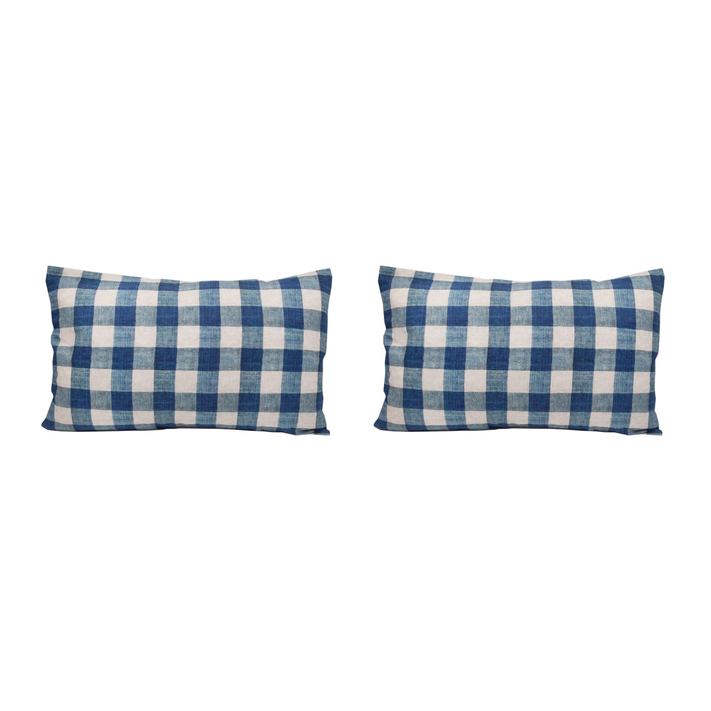 Pair of Large 16 x 24 Linen Pillow Cushions - Carreaux Indigo Pattern - Designed and Made in Paris by Antoinette Poisson