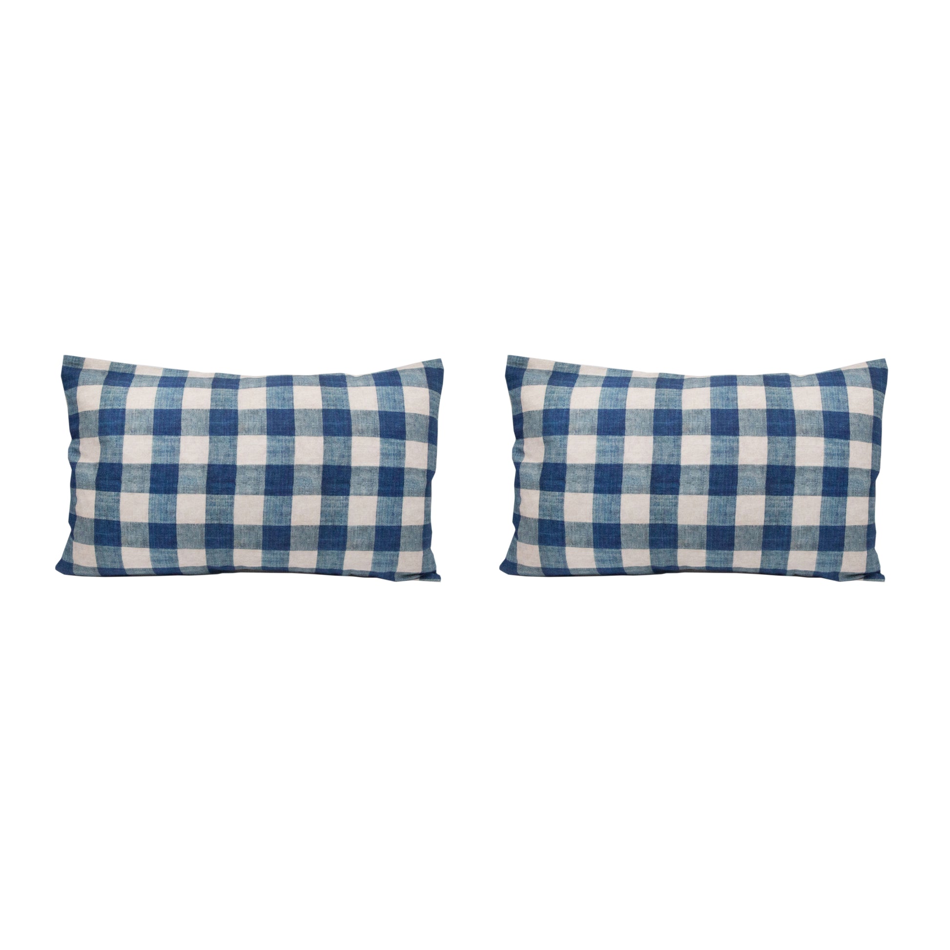 Pair of Large 16 x 24 Linen Pillow Cushions - Carreaux Indigo Pattern - Designed and Made in Paris by Antoinette Poisson