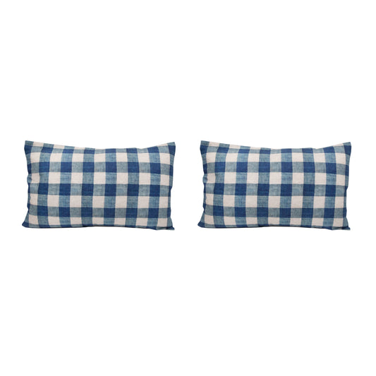 Pair of Large 16 x 24 Linen Pillow Cushions - Carreaux Indigo Pattern - Designed and Made in Paris by Antoinette Poisson