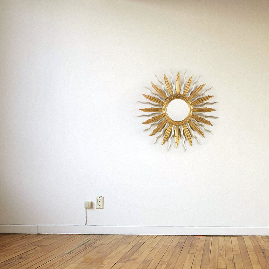 Beautiful Gold and Silver Mid-Century Giltwood Vintage Sunburst Mirror