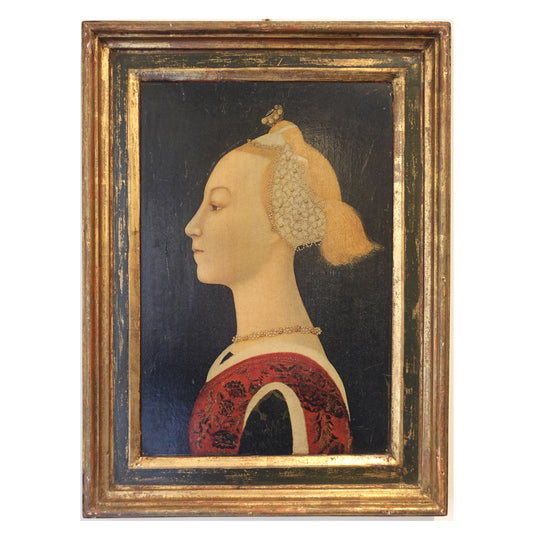 Portrait painting of a Renaissance woman with a gold frame on a white background