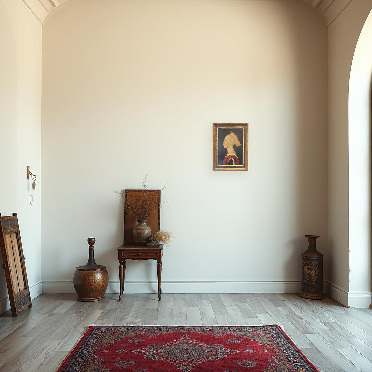 Room with a red rug, wooden furniture, and a framed picture on the wall.