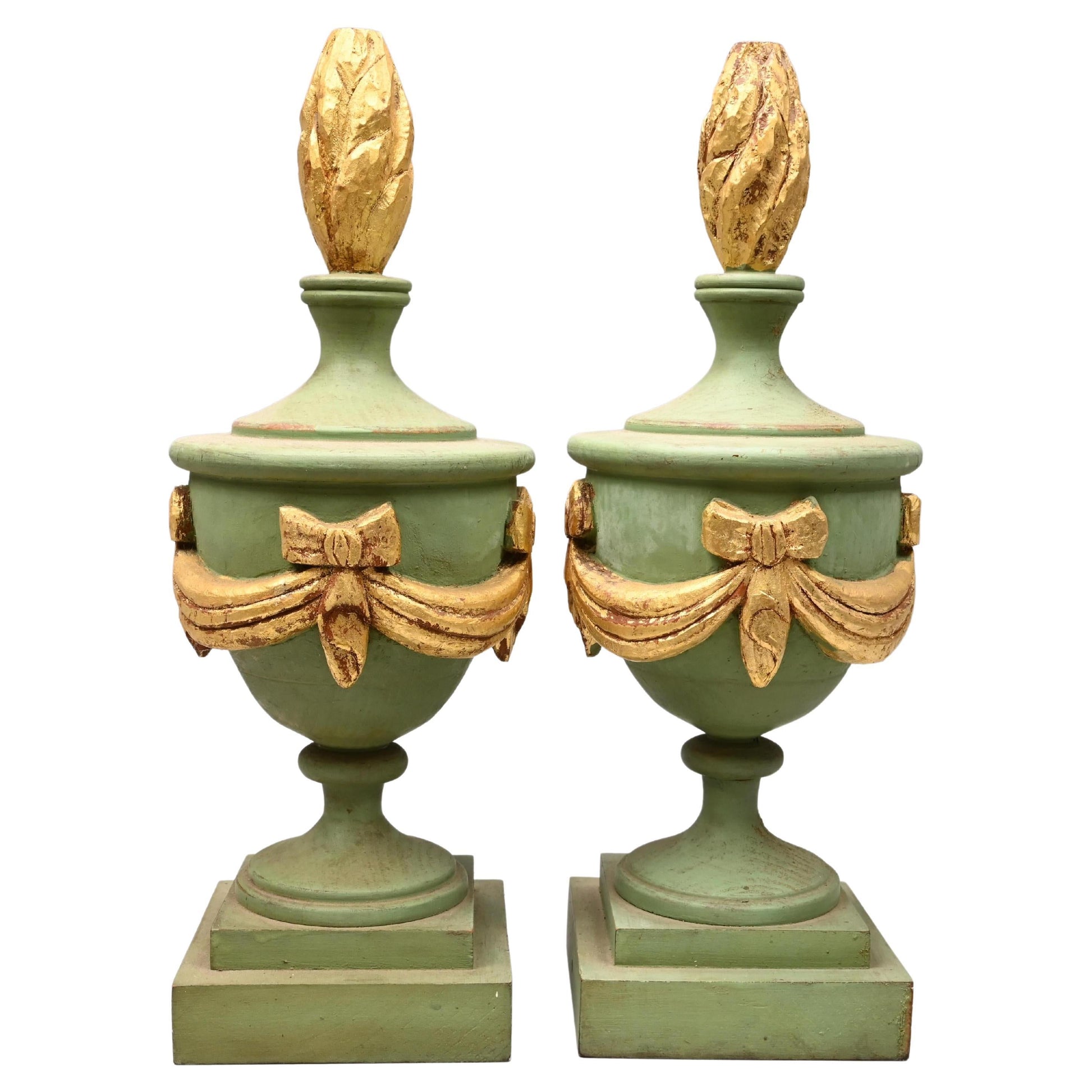 Decorative Pair of Wooden Light Green and Gold Painted Architectural Finials available in Leesburg near Lucketts Virginia