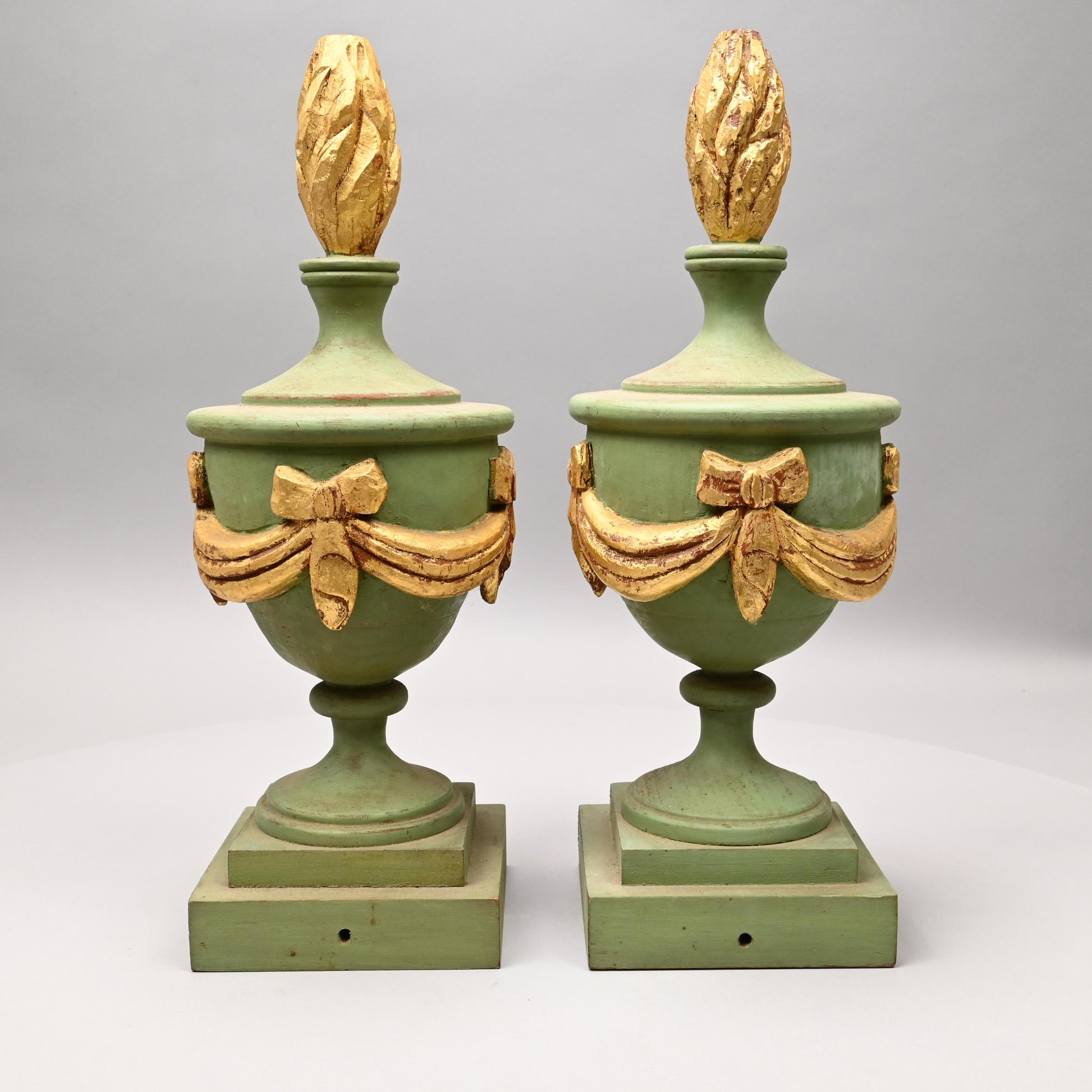 Decorative Pair of Wooden Light Green and Gold Painted Architectural Finials available in Leesburg near Lucketts Virginia