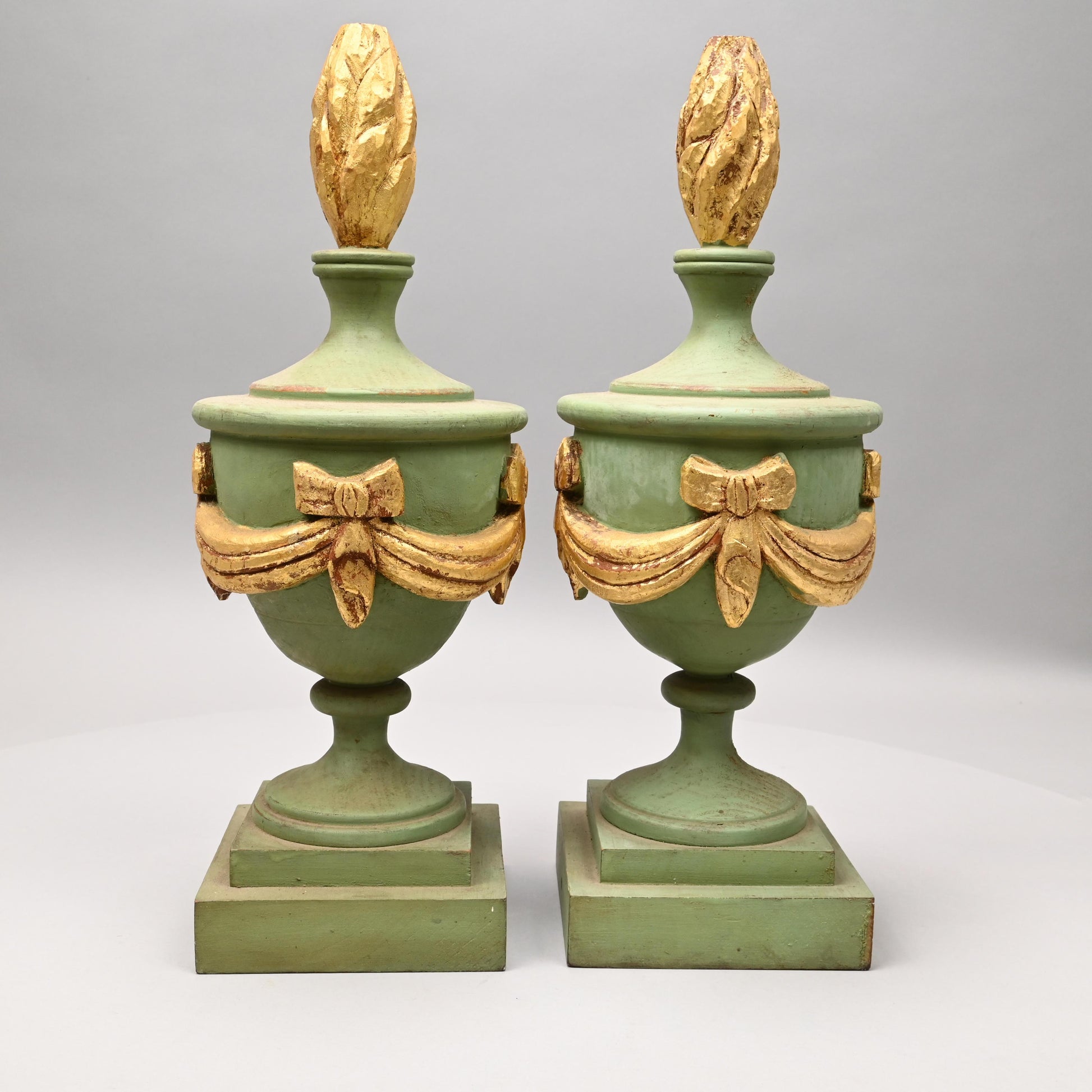 Decorative Pair of Wooden Light Green and Gold Painted Architectural Finials available in Leesburg near Lucketts Virginia