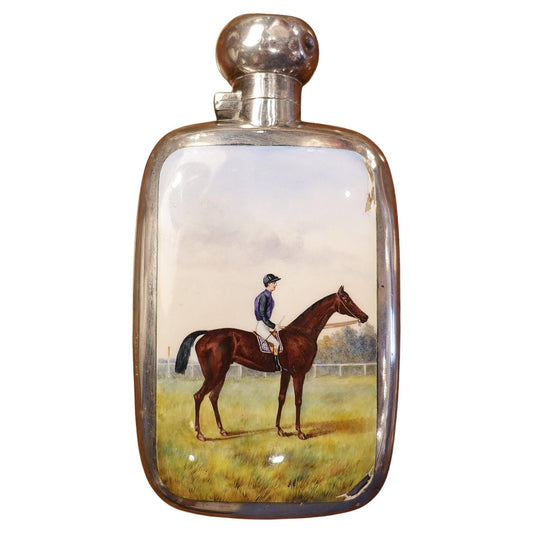 Early 20th century English Enamel Equestrian Silver Flask