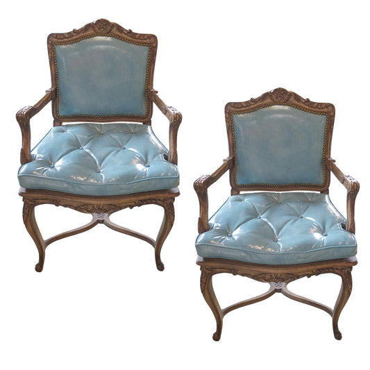 Early 20th century Pair of Blue Naugahyde Louis XV style Chairs