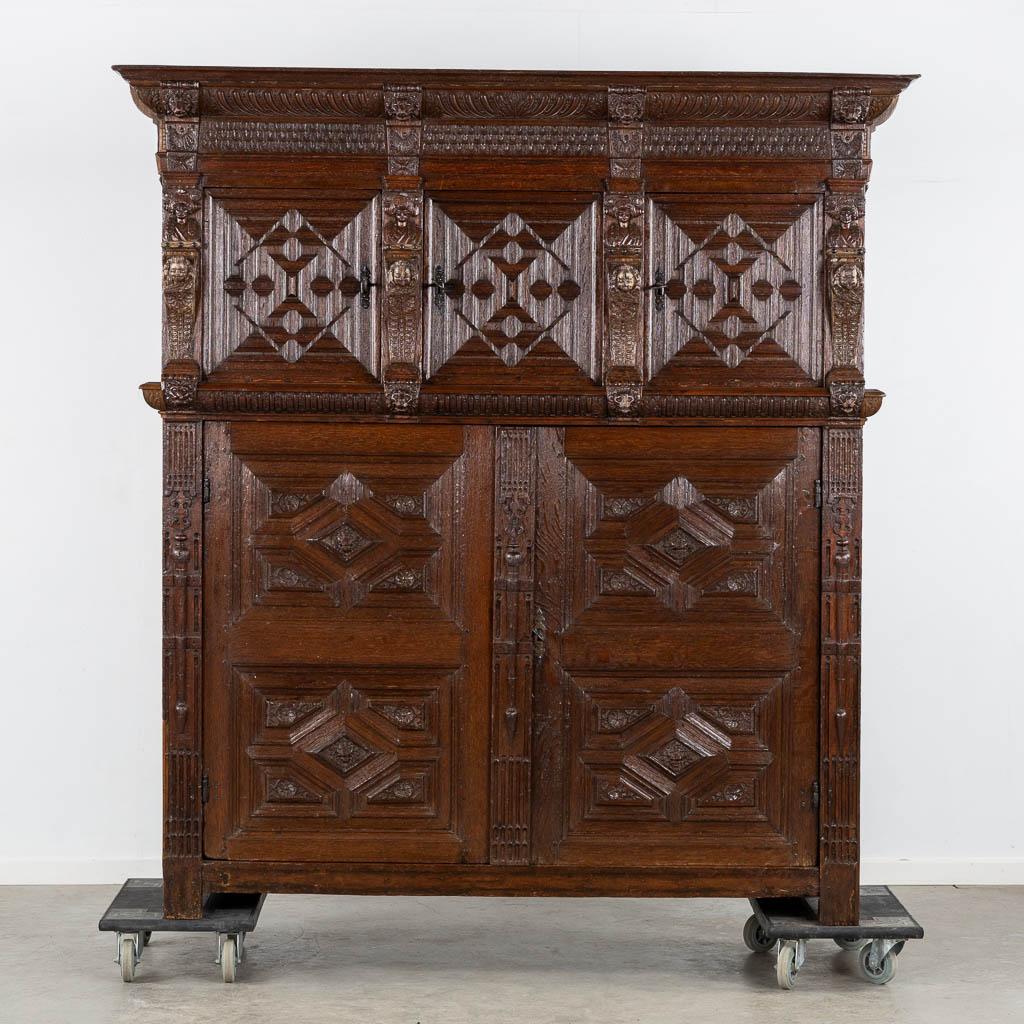 Monumental 17th century Richly Ornamented and Coffered Flemish Oak Cabinet