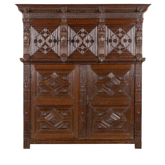 Monumental 17th century Richly Ornamented and Coffered Flemish Oak Cabinet