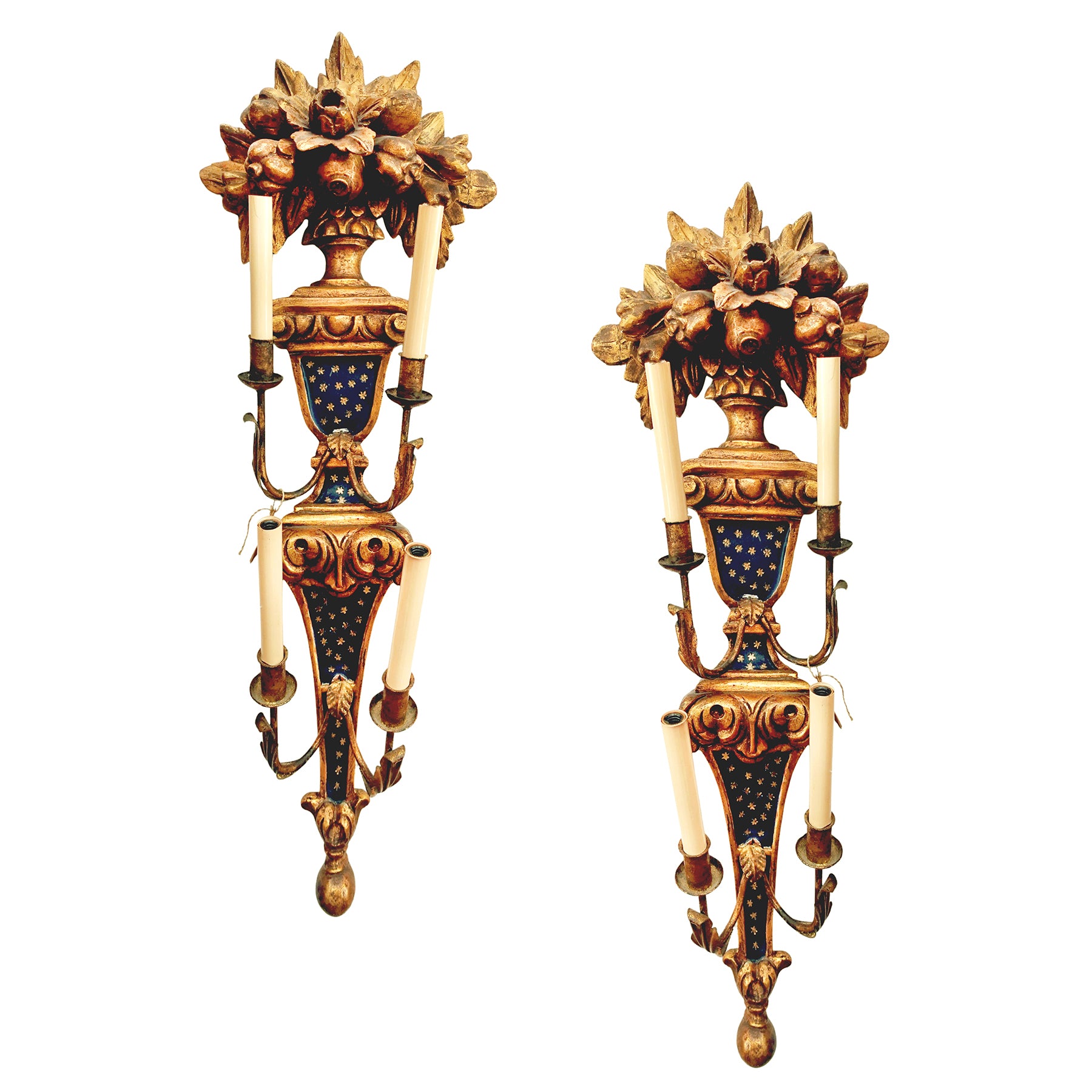 Pair of Hand Carved Two-Tiered early 20th century Italian Florentine Giltwood 4-light Wall Sconces