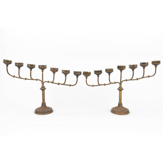 Stunning Pair of 7-Candle Gothic Revival Brass Candelabra