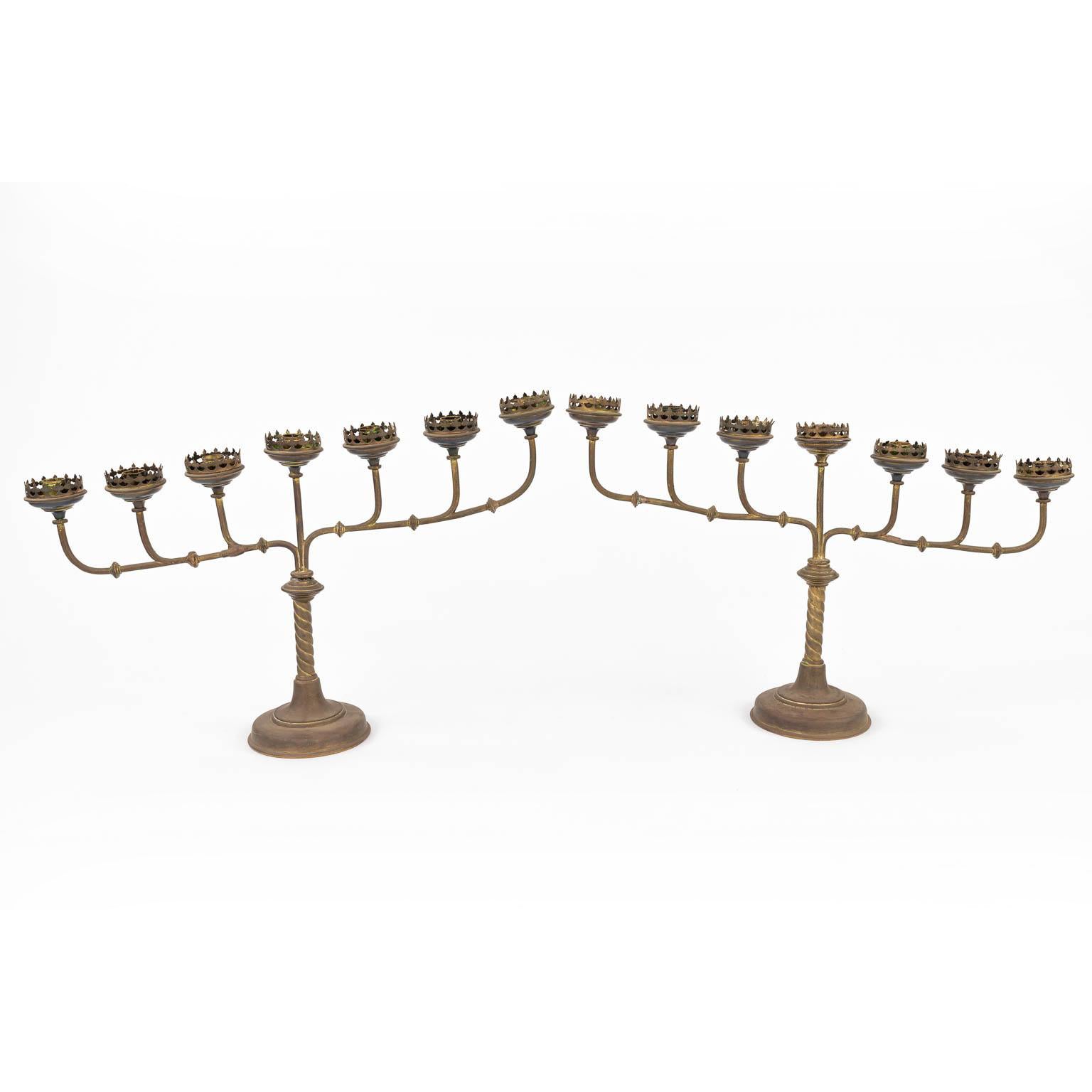 Stunning Pair of 7-Candle Gothic Revival Brass Candelabra