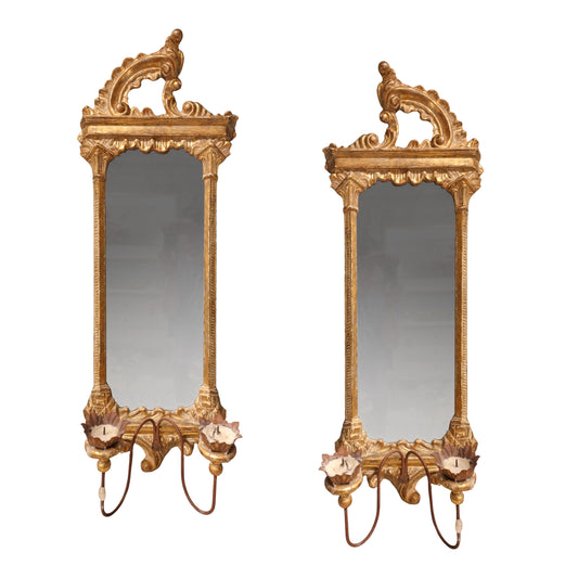 Find a Pair of late Baroque Rococo Giltwood Mirrored Two-Candle Wall Sconces
