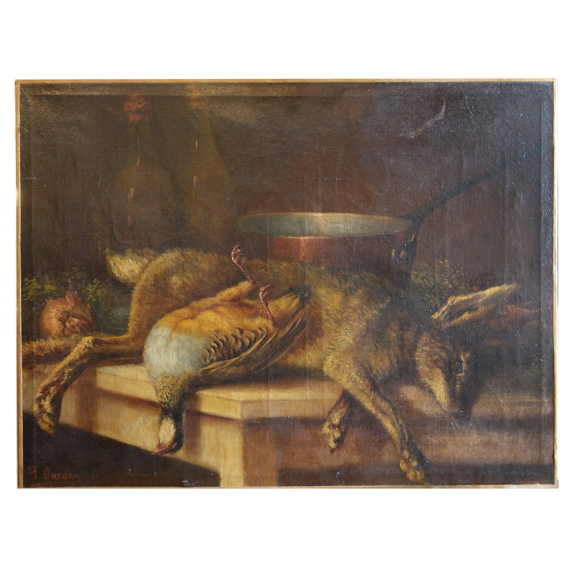 19th century French still life painting of Hunted Game, Vegetables and a Copper Pot