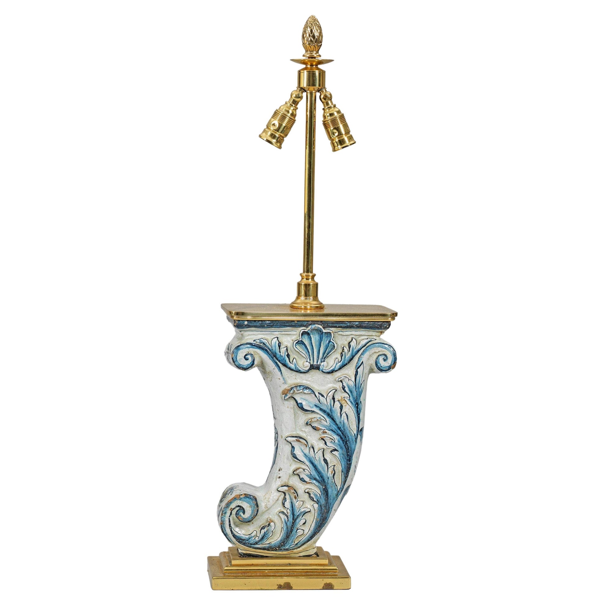 Gilt brass table lamp with Antique Blue and Cream German Faience Architectural Acanthi Fragment