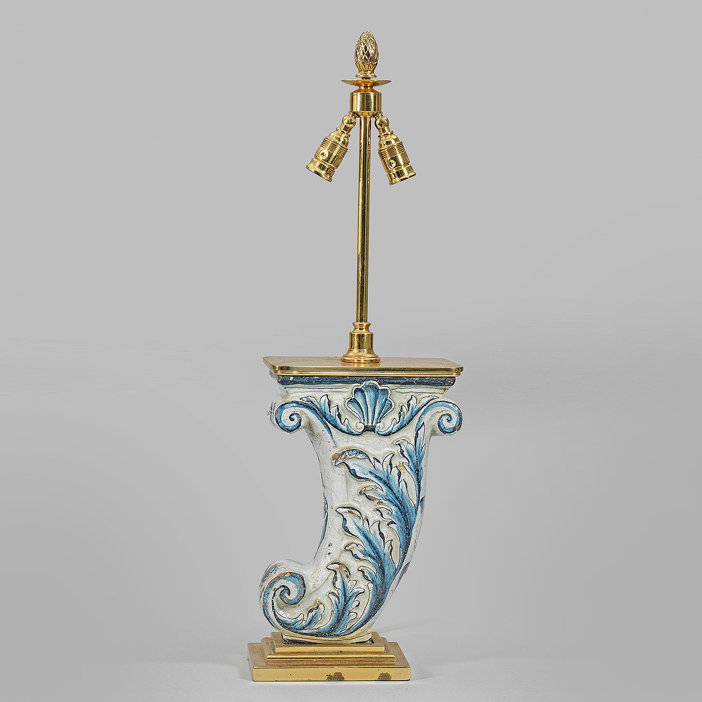 Gilt brass table lamp with Antique Blue and Cream German Faience Architectural Acanthi Fragment