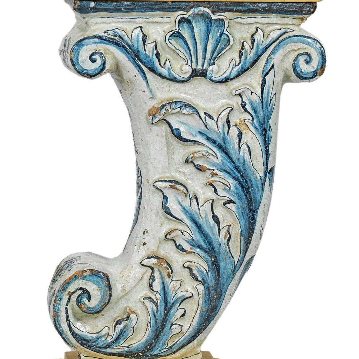 Gilt brass table lamp with Antique Blue and Cream German Faience Architectural Acanthi Fragment