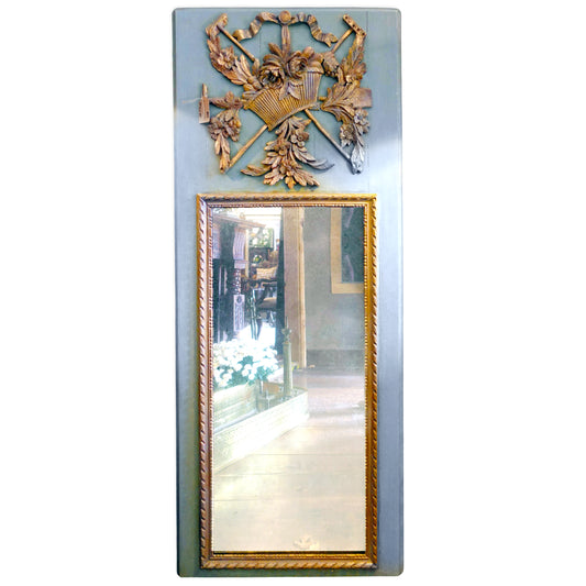 Giltwood and Blue-Grey Framed Trumeau Mirror in Antique Louis XVI style