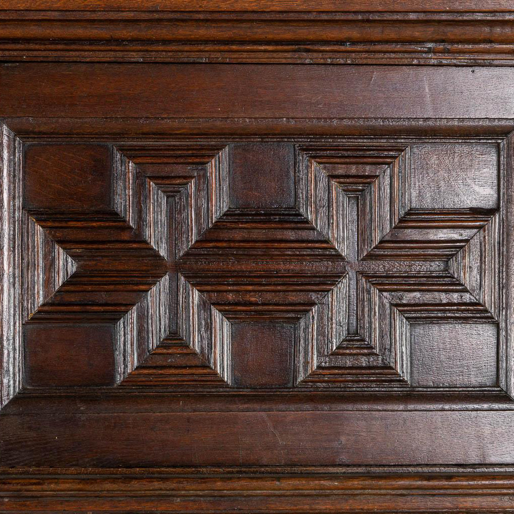 Distinctive early 18th century Dutch Oak Geometric Kussen Cabinet with integral Secretairiat