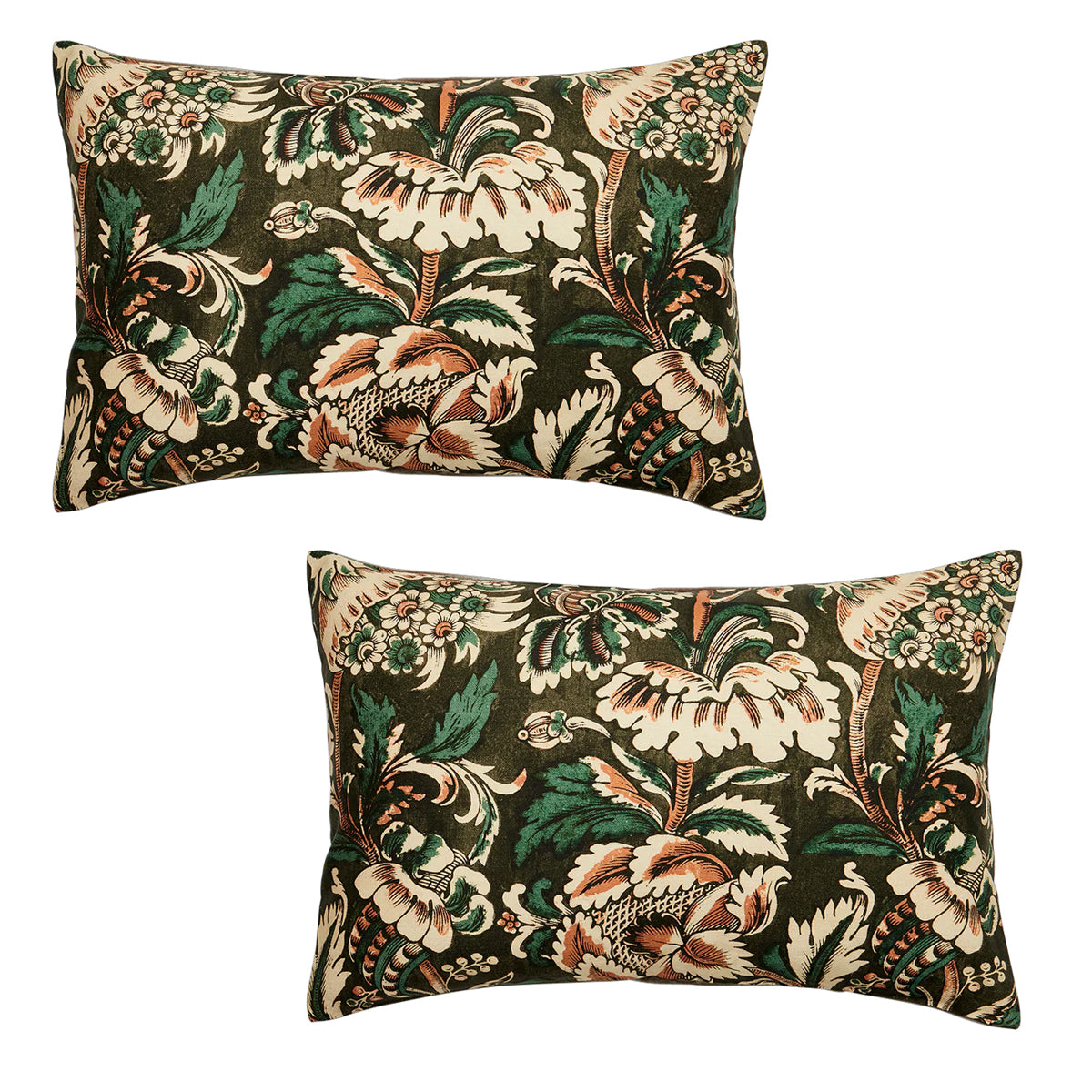 Two floral patterned pillows on a white background