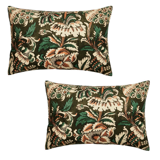Two floral patterned pillows on a white background