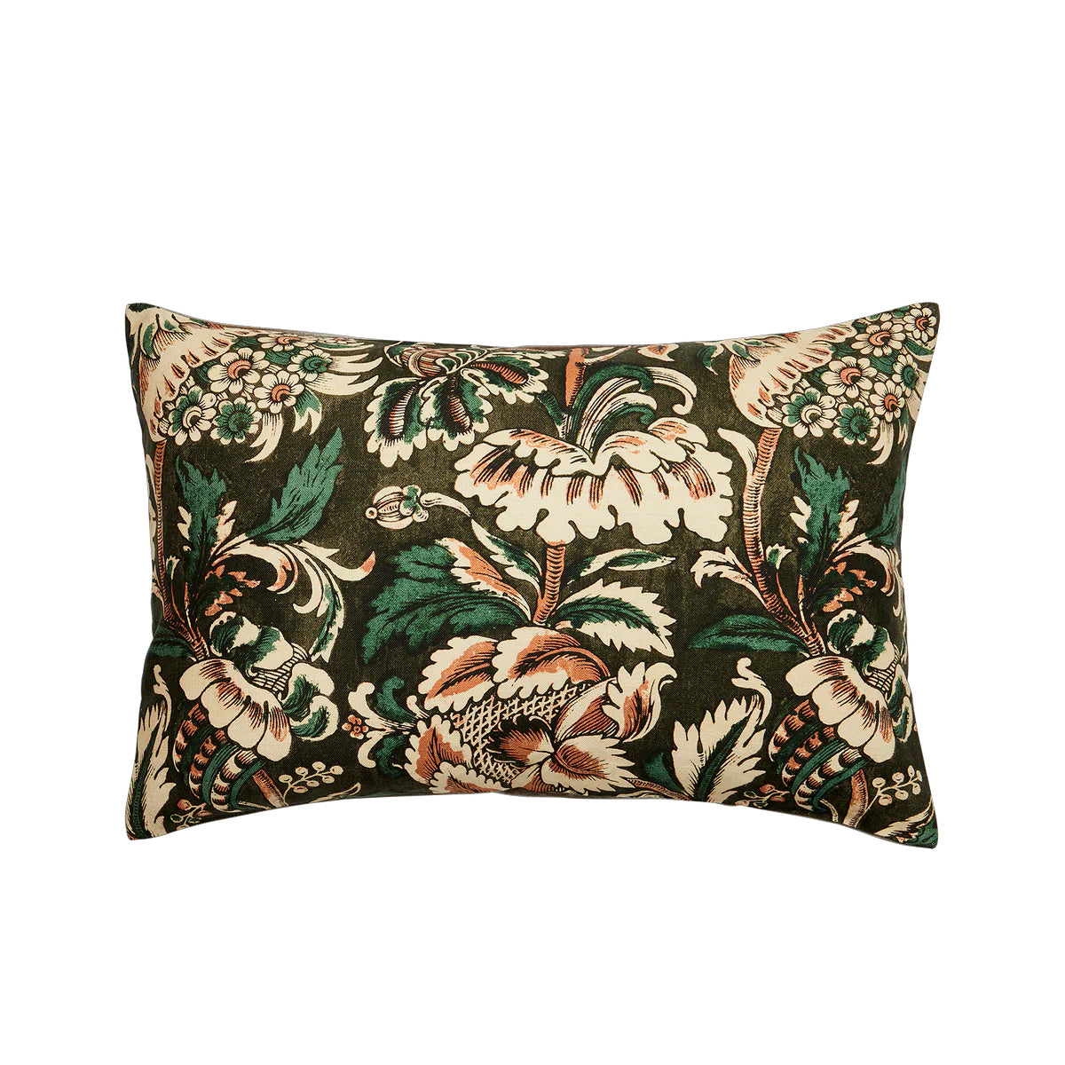 Grand Pavots green and ochre floral patterned pillow by Antoinette Poisson