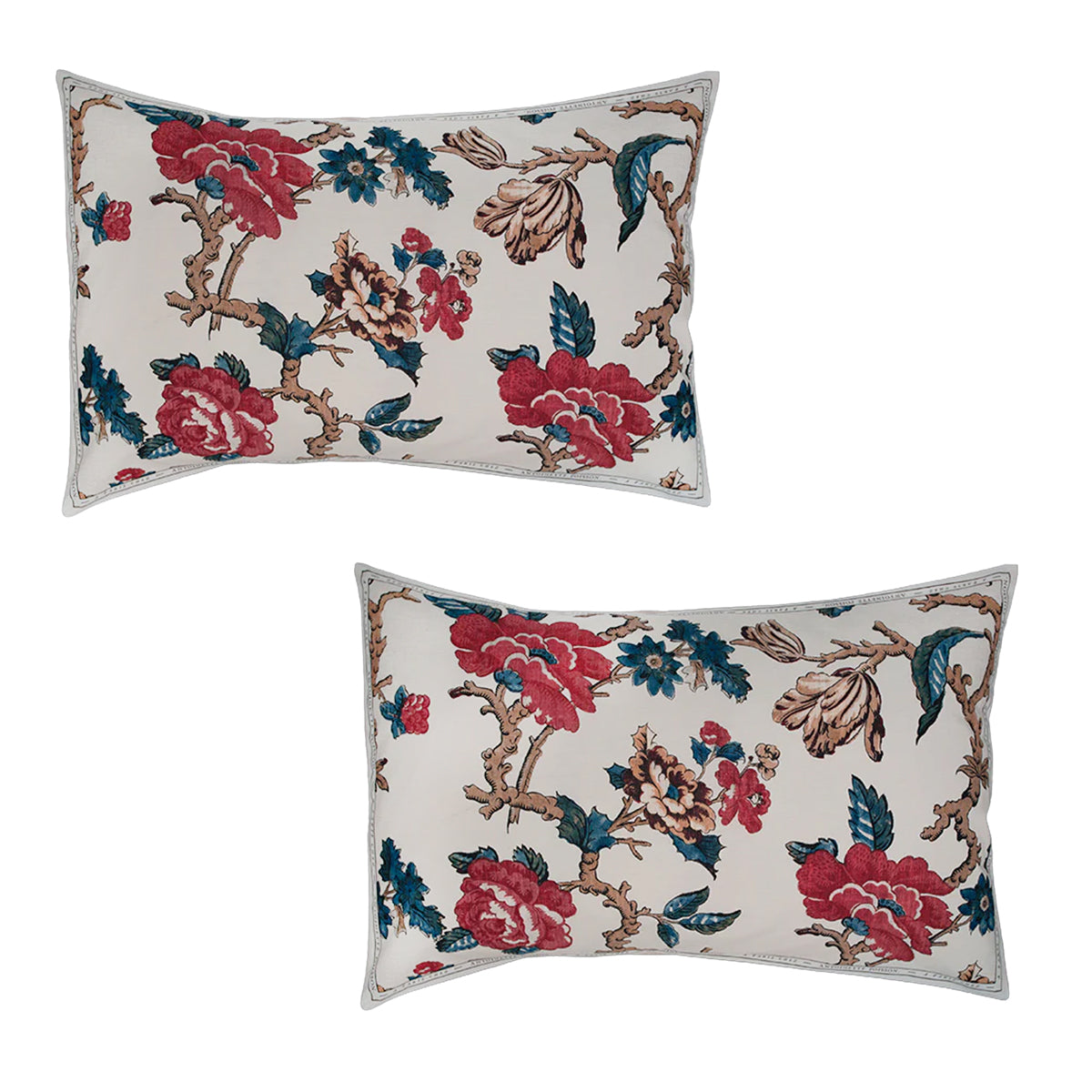 Two floral patterned pillows on a white background