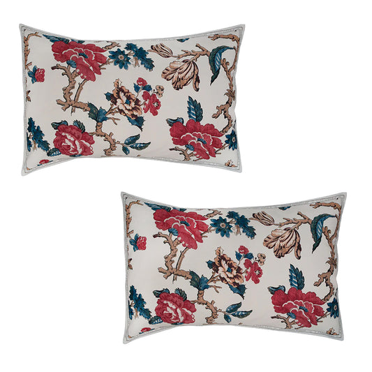 Two floral patterned pillows on a white background