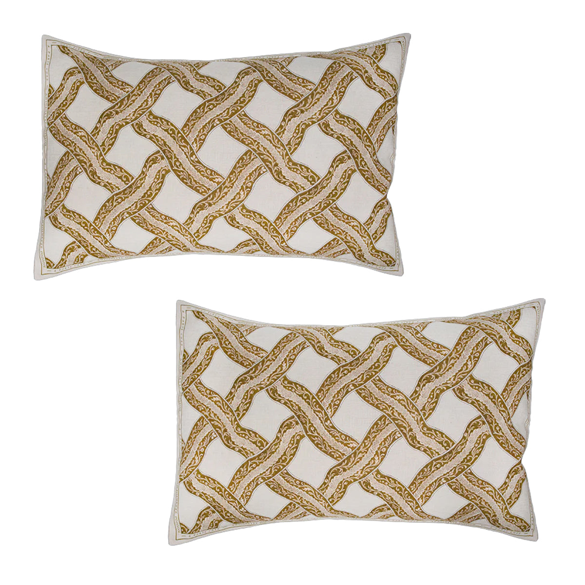 Two decorative pillows with gold geometric pattern on a white background