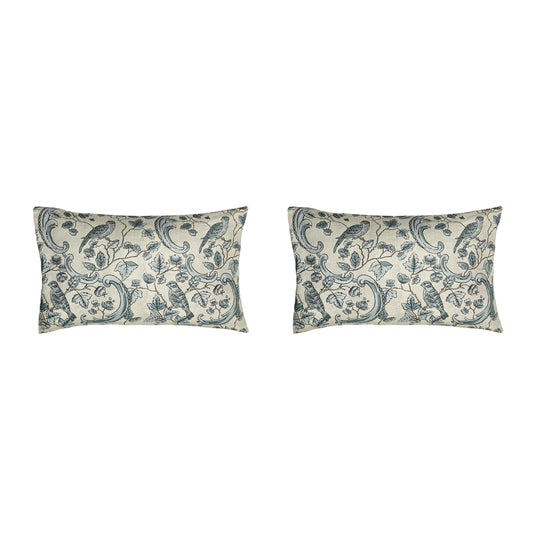 Pair of Large 16 x 24 Linen Pillow Cushions - Oiseaux and Feuillage Pattern - Designed and Made in Paris by Antoinette Poisson