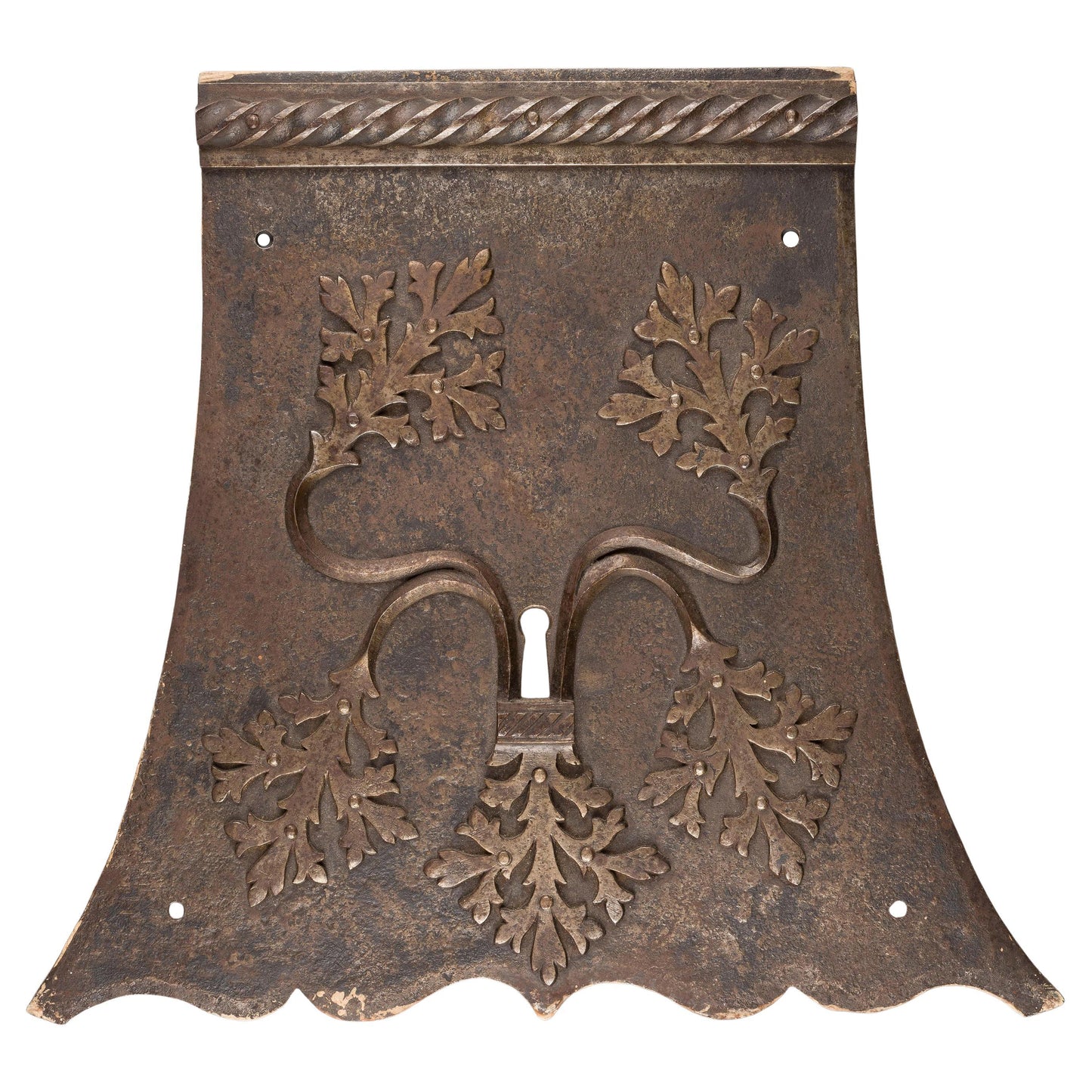 Antique European Iron Forged Lock Plate appropriated as wall art with an exquisite Acanthi pattern in relief