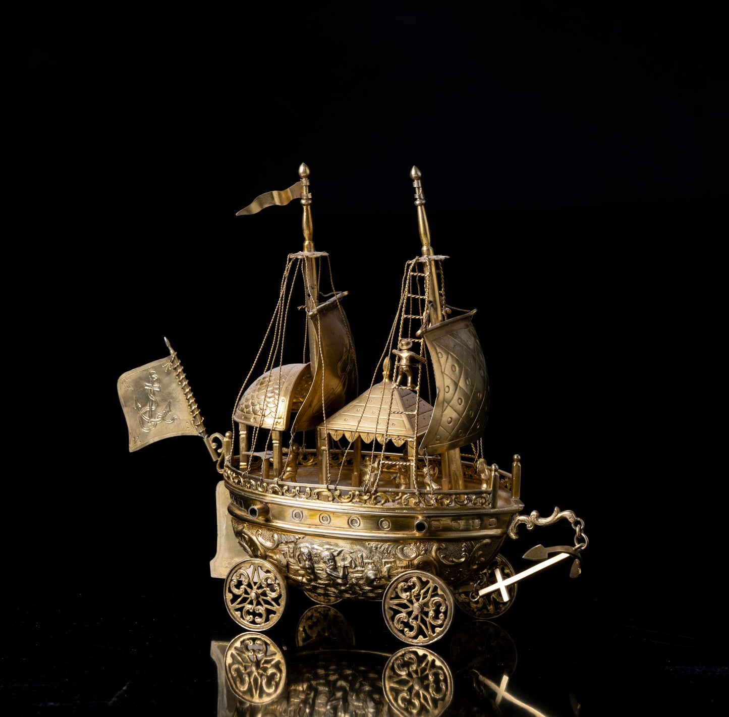 A late 19th century gilt silver Renaissance Revival nef or centerpiece in the form of a Ship