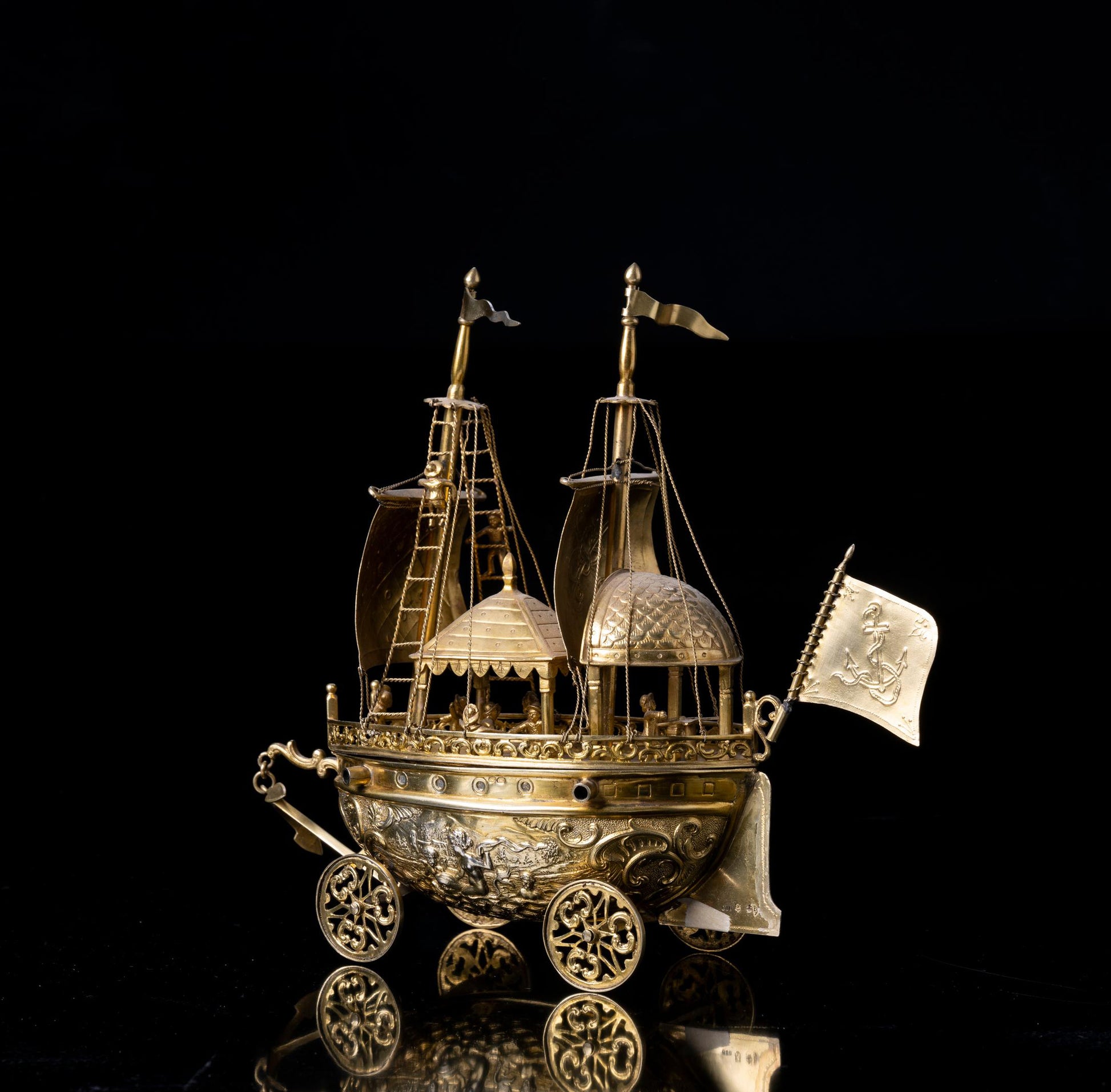 A late 19th century gilt silver Renaissance Revival nef or centerpiece in the form of a Ship