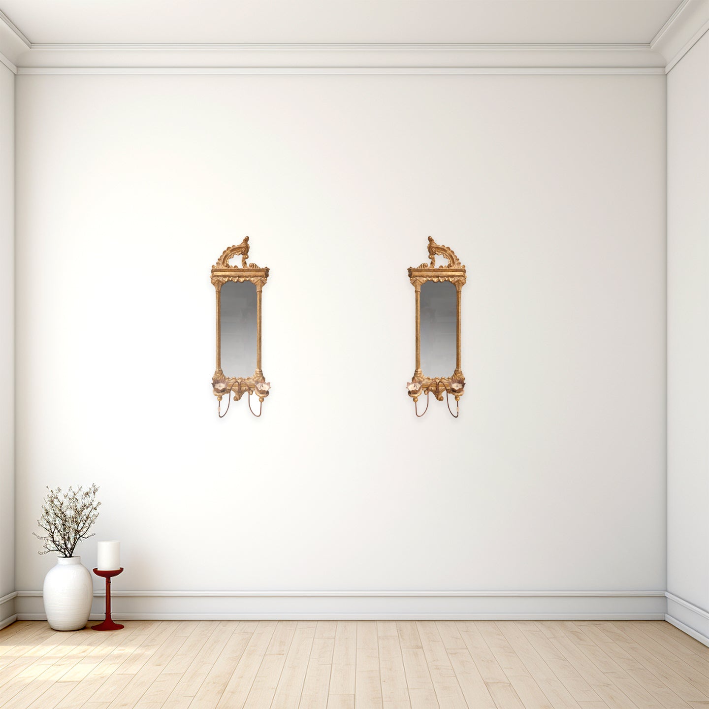 Pair of late Baroque Rococo Giltwood Mirrored Two-Candle Wall Sconces