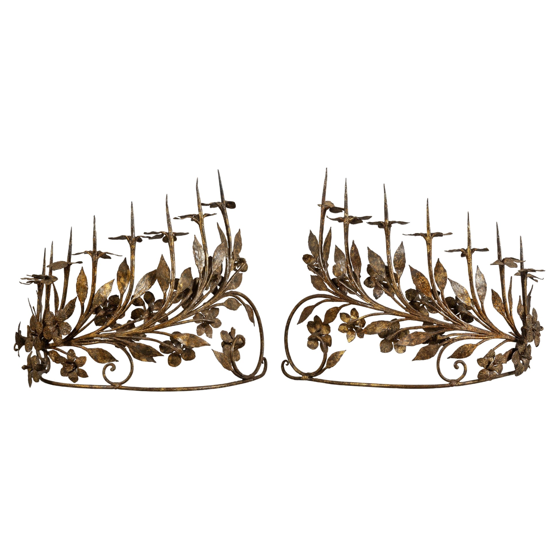 Pair of Eight-Light Antique Vintage Italian Candelabrum in Wrought Gilded Iron