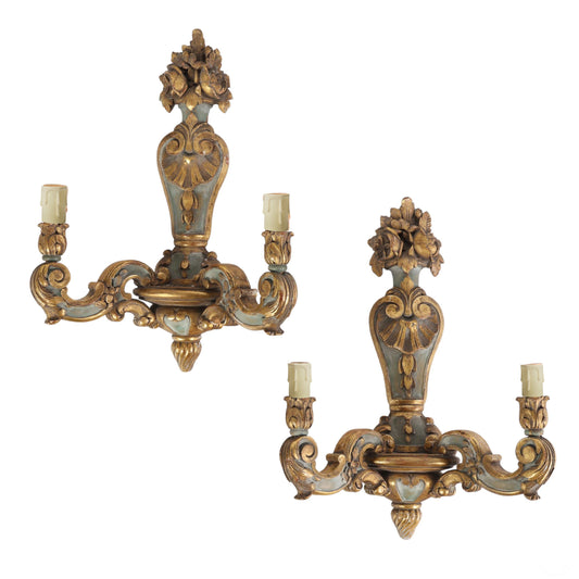 Pair of Polychrome And Giltwood Antique Italian Baroque Style Two-Light Sconces