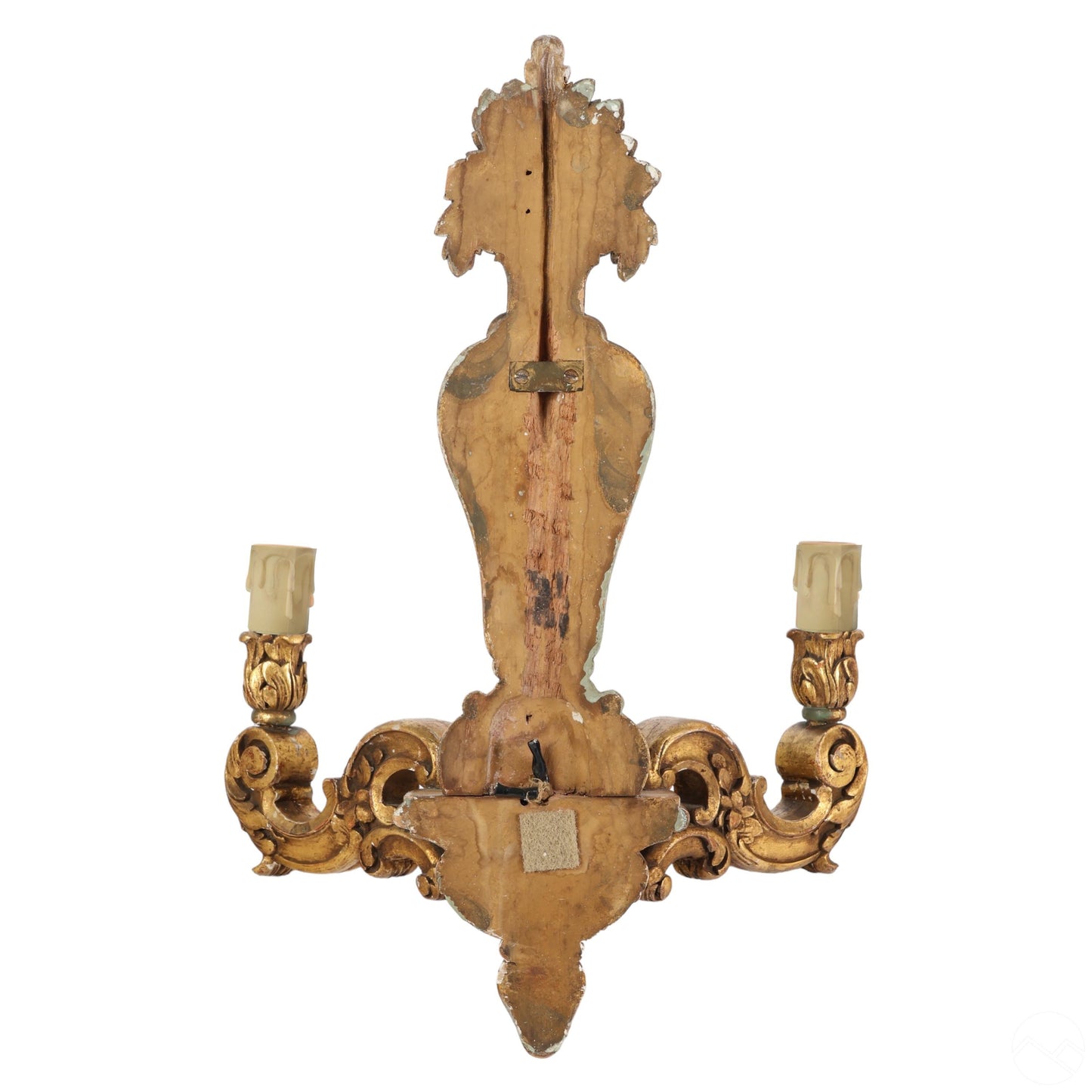 Pair of Polychrome And Giltwood Antique Italian Baroque Style Two-Light Sconces