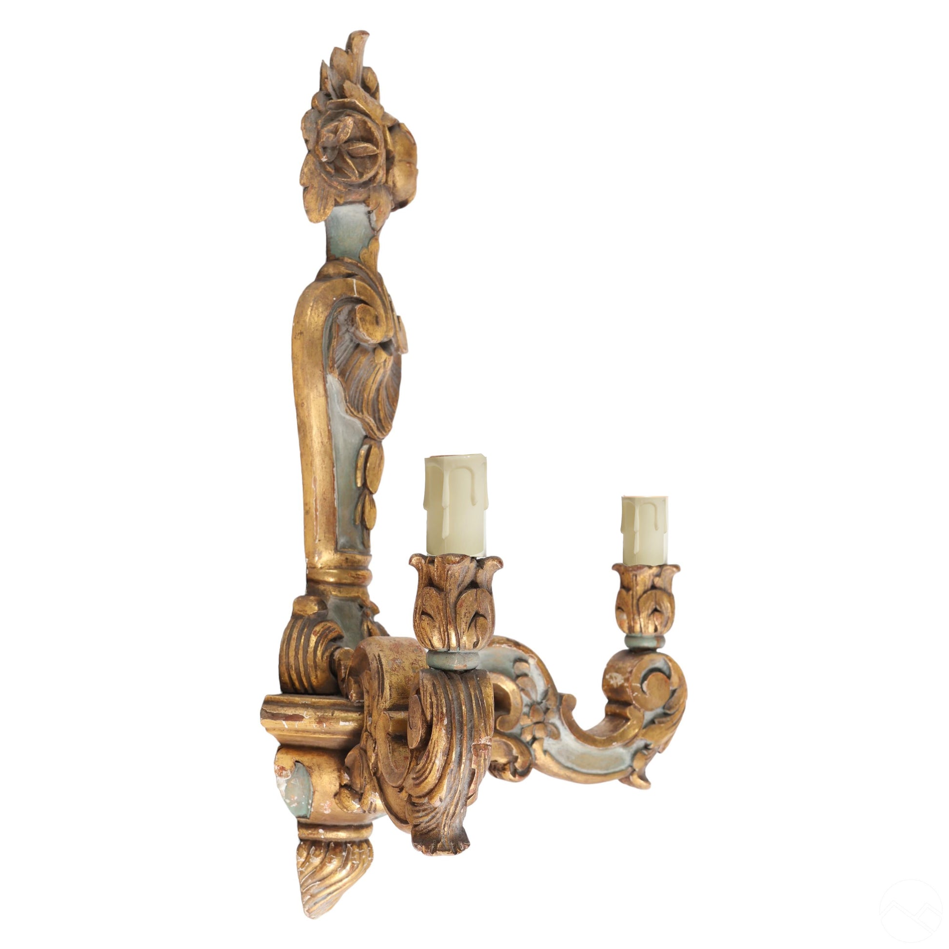 Pair of Polychrome And Giltwood Antique Italian Baroque Style Two-Light Sconces