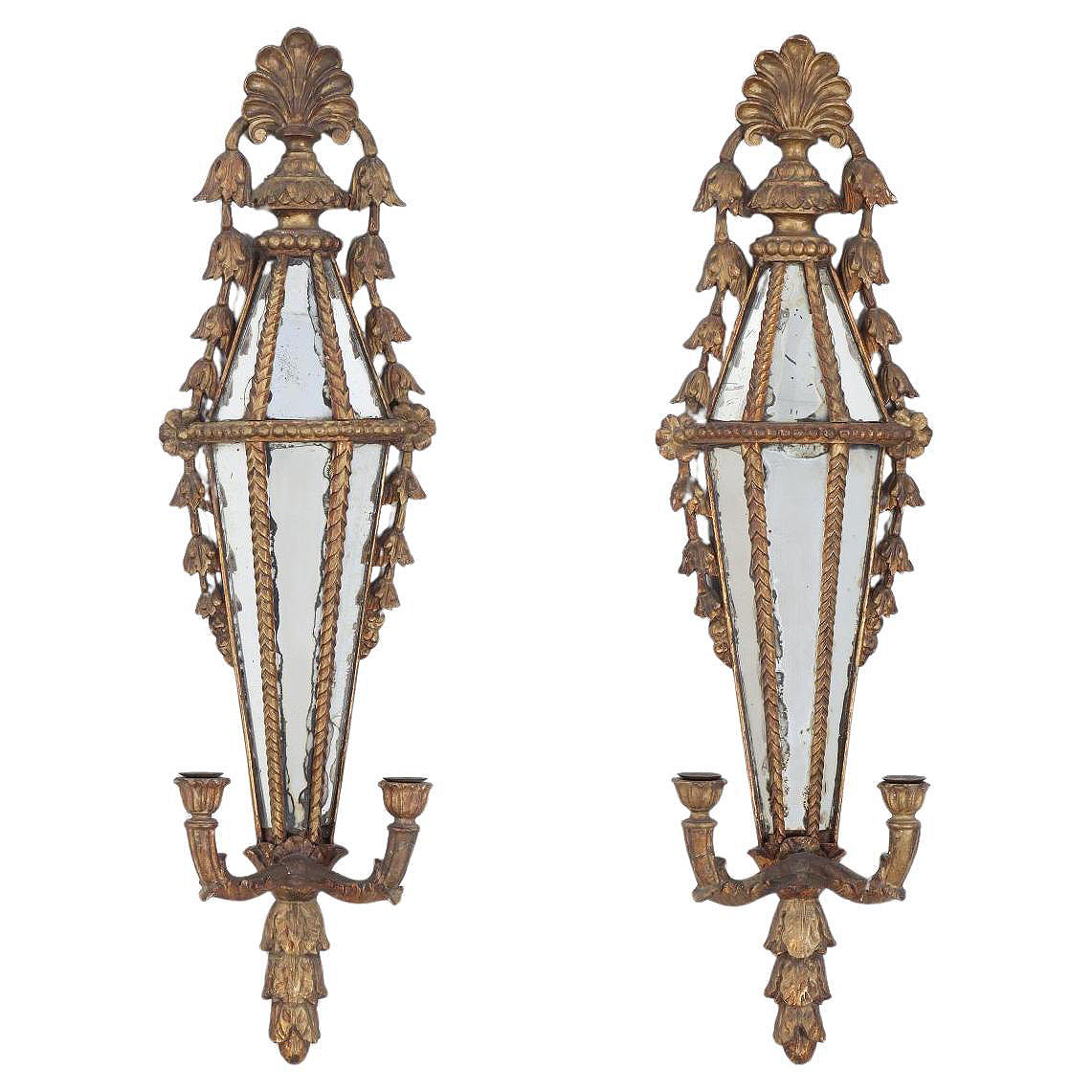 Pair of ca. 1800 Italian Carved Giltwood Girandole Wall Sconce Mirrors